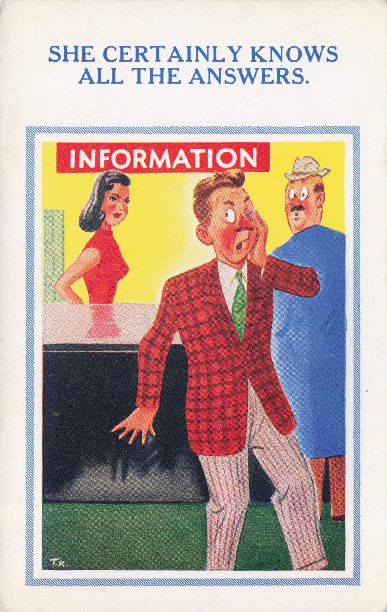 Violent Office Lady Secretary Hits Rude Customer Vintage Comic Postcard