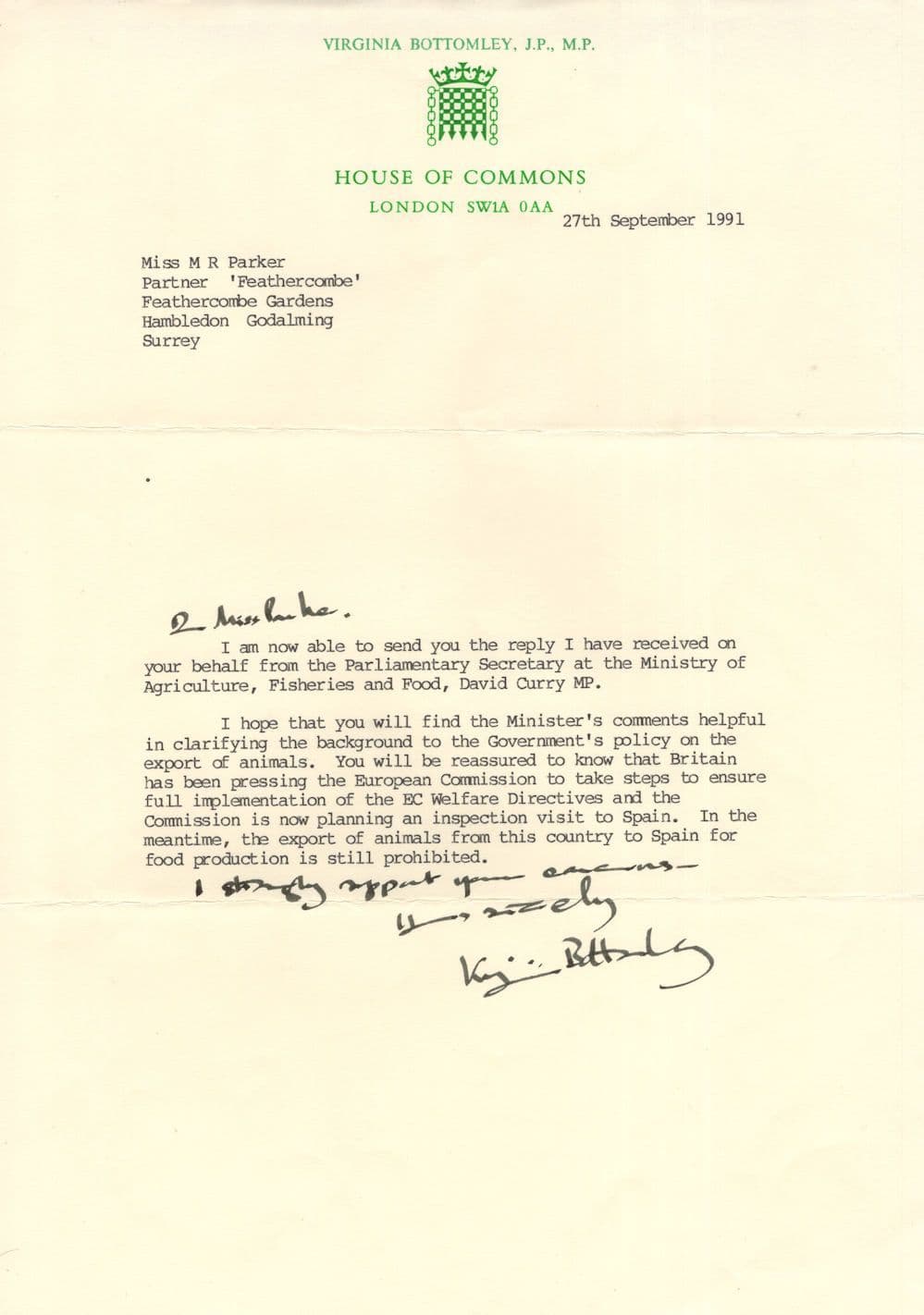 Virginia Bottomley MP Animal Exports Welfare 1991 Hand Signed Letter