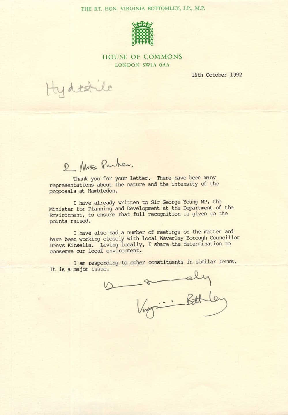 Virginia Bottomley MP Hambledon Environment Conservation Hand Signed Letter