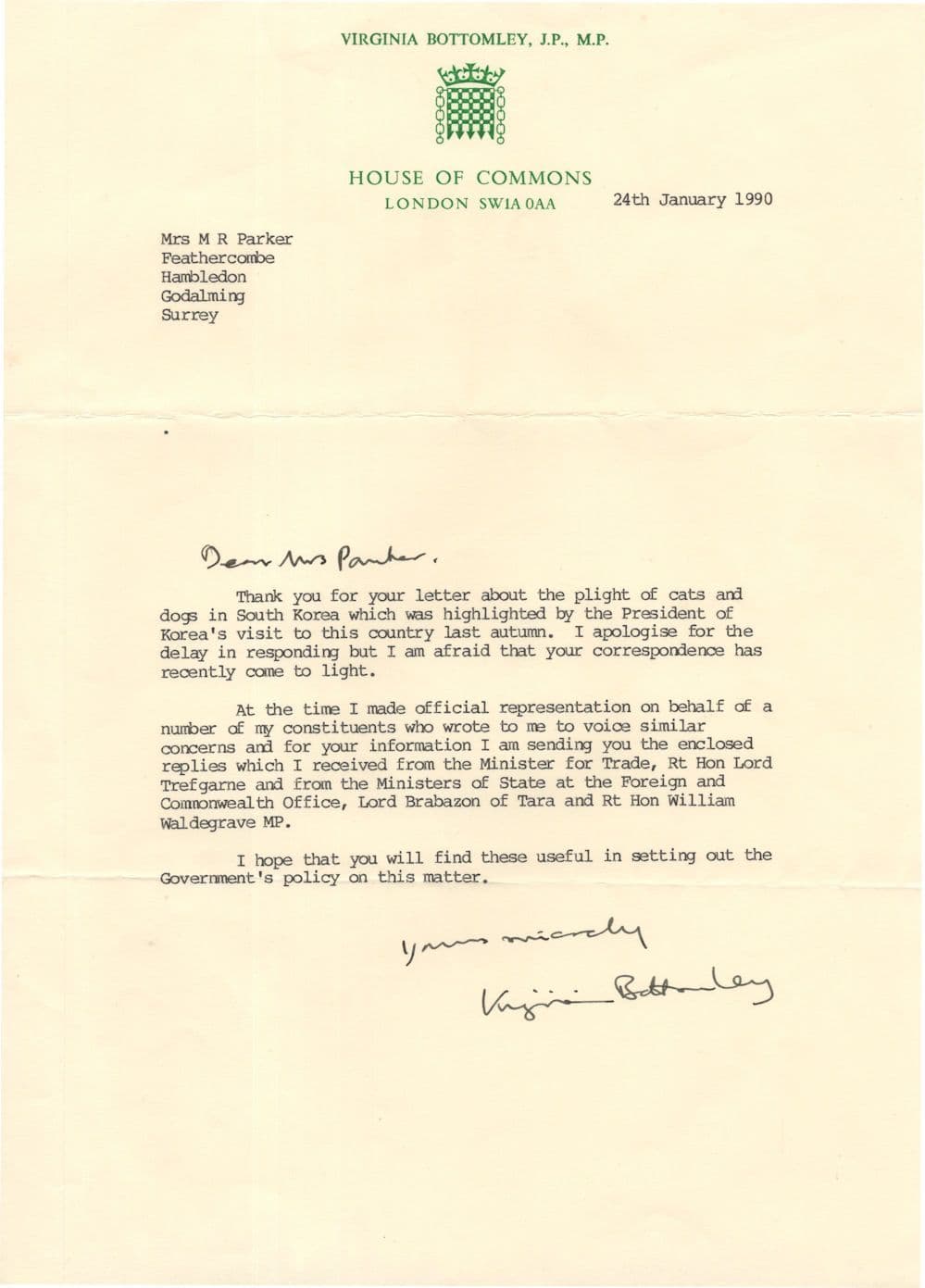 Virginia Bottomley MP President South Korea 1989 Animal Rights Hand Signed Letter
