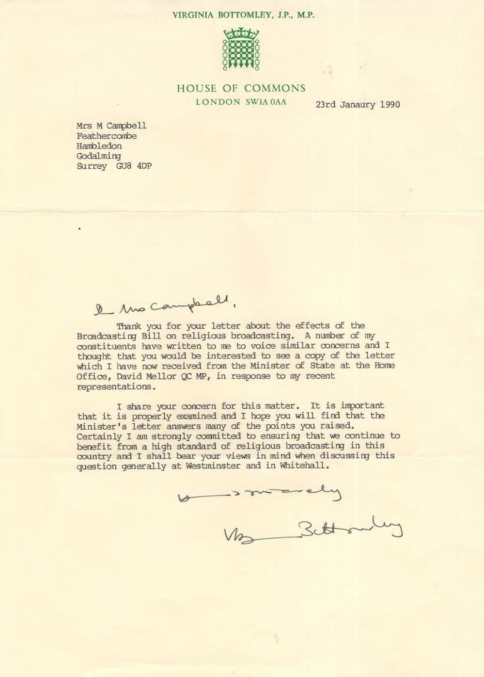 Virginia Bottomley Religious Broadcasting Bill MP Hand Signed Letter