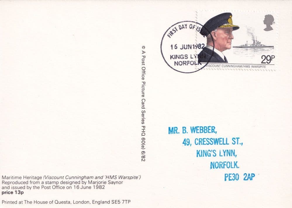 Viscount Cunningham HMS Warspite Ship PHQ First Day Cover Postcard