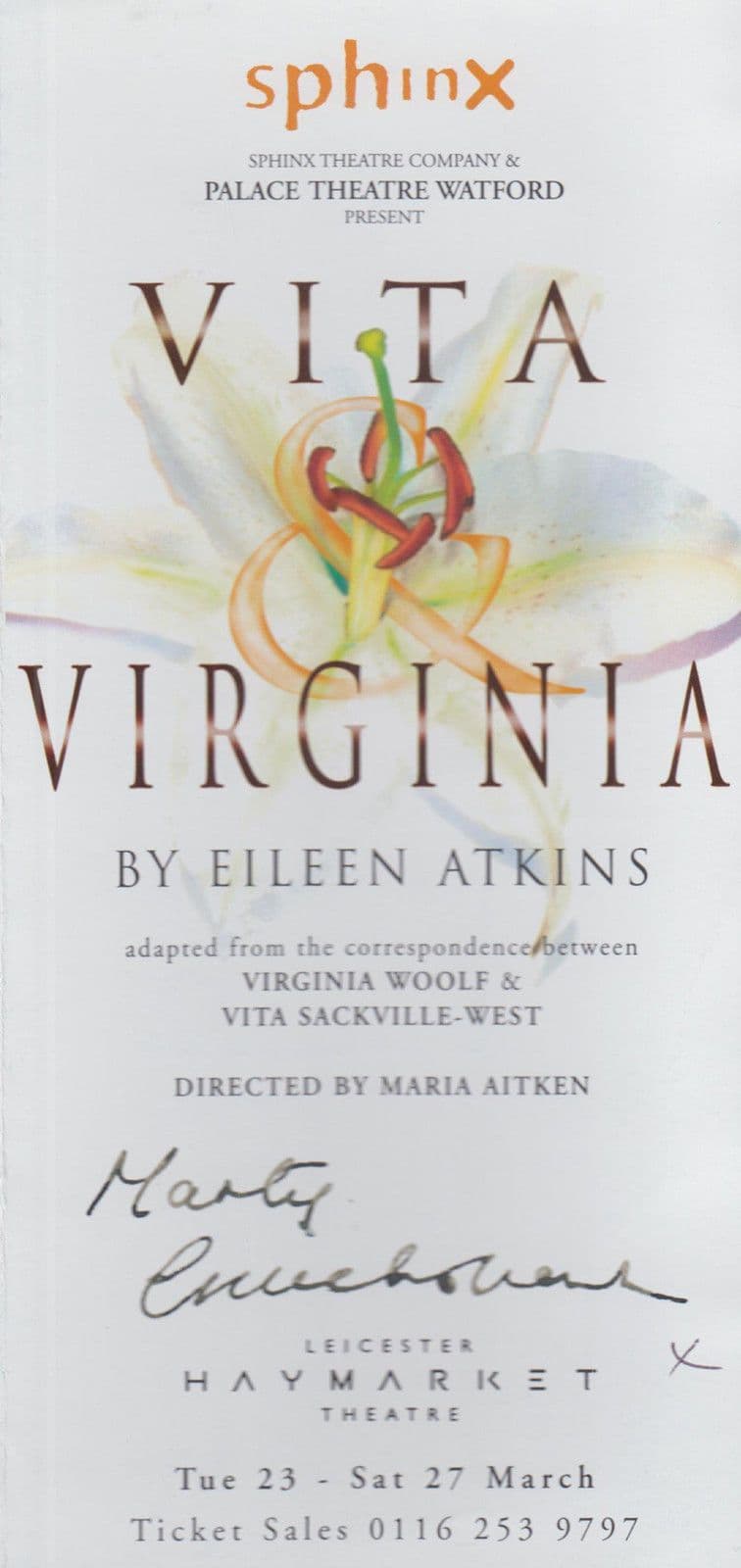 Vita & Virginia Marty Cruickshank Ghosts Eileen Atkins Hand Signed Theatre Flyer