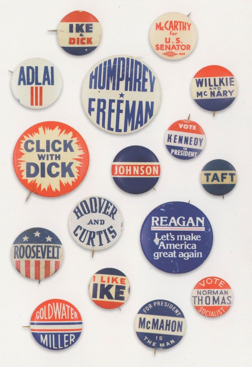 Vote Kennedy Roosevelt Reagan McCarthy US President Badge Pin Postcard