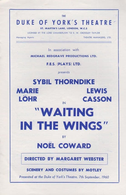Waiting In The WIngs Sybil Thorndike Comedy Lewis Casson Marie Lohr Theatre Programme