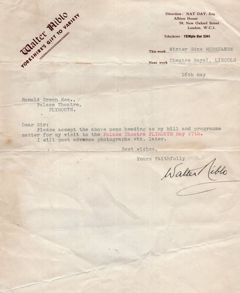 Walter Niblo Yorkshire Comedian Hand Signed Autograph Letter