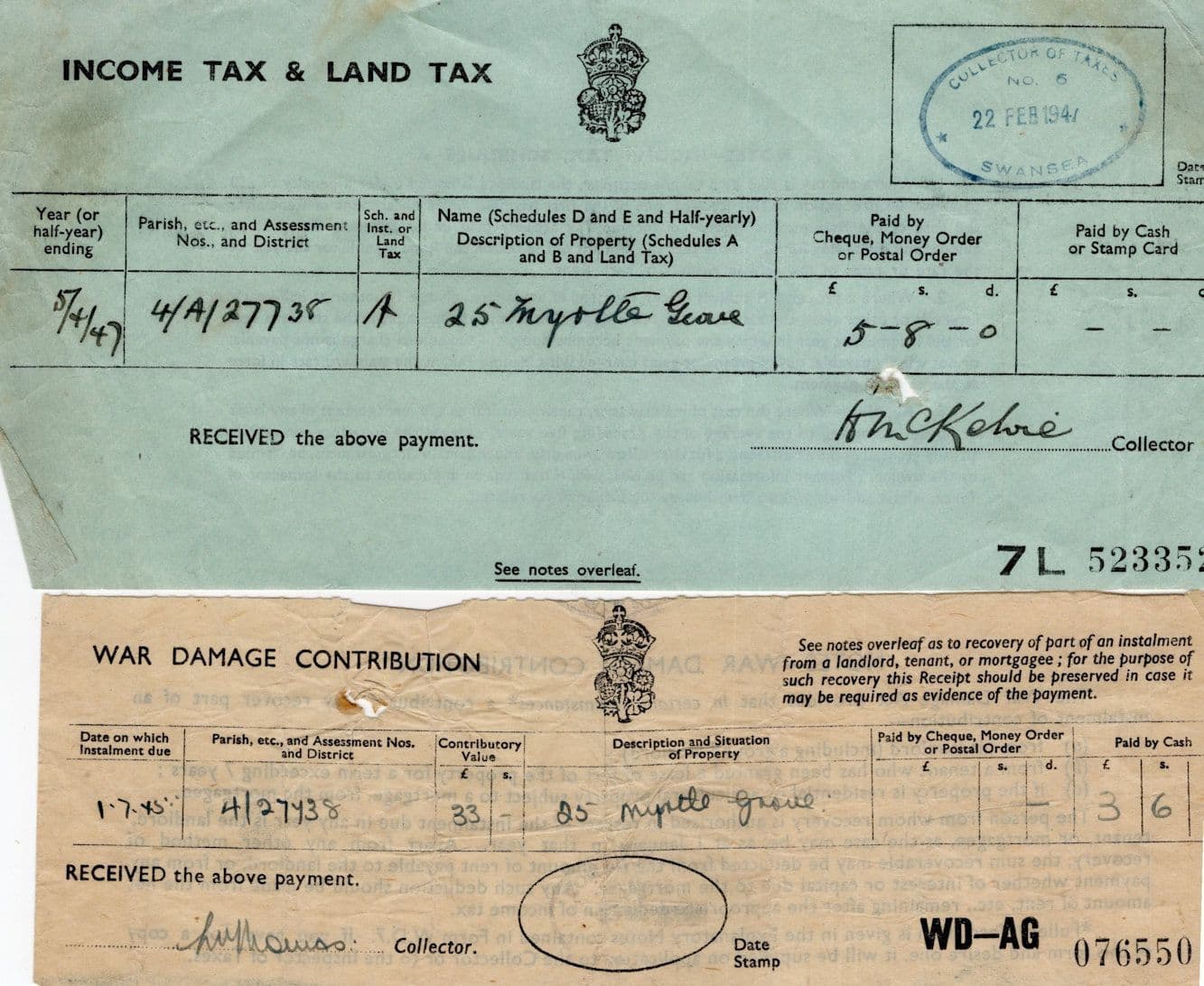 War Damage Tax Myrtle Grove Sketty Swansea 2x WW2 Old Receipt s