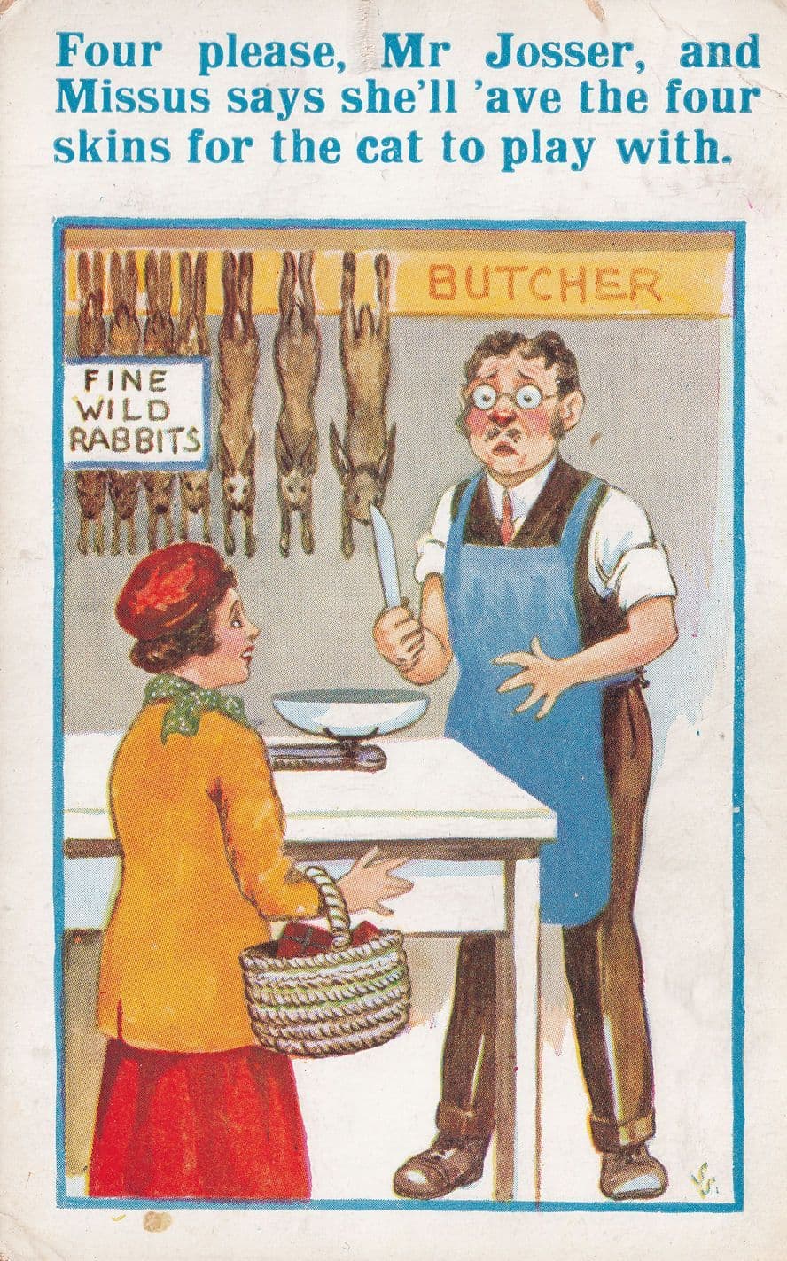 Wartime Butcher WW2 Bamforth Eating Cats Comic Humour Postcard