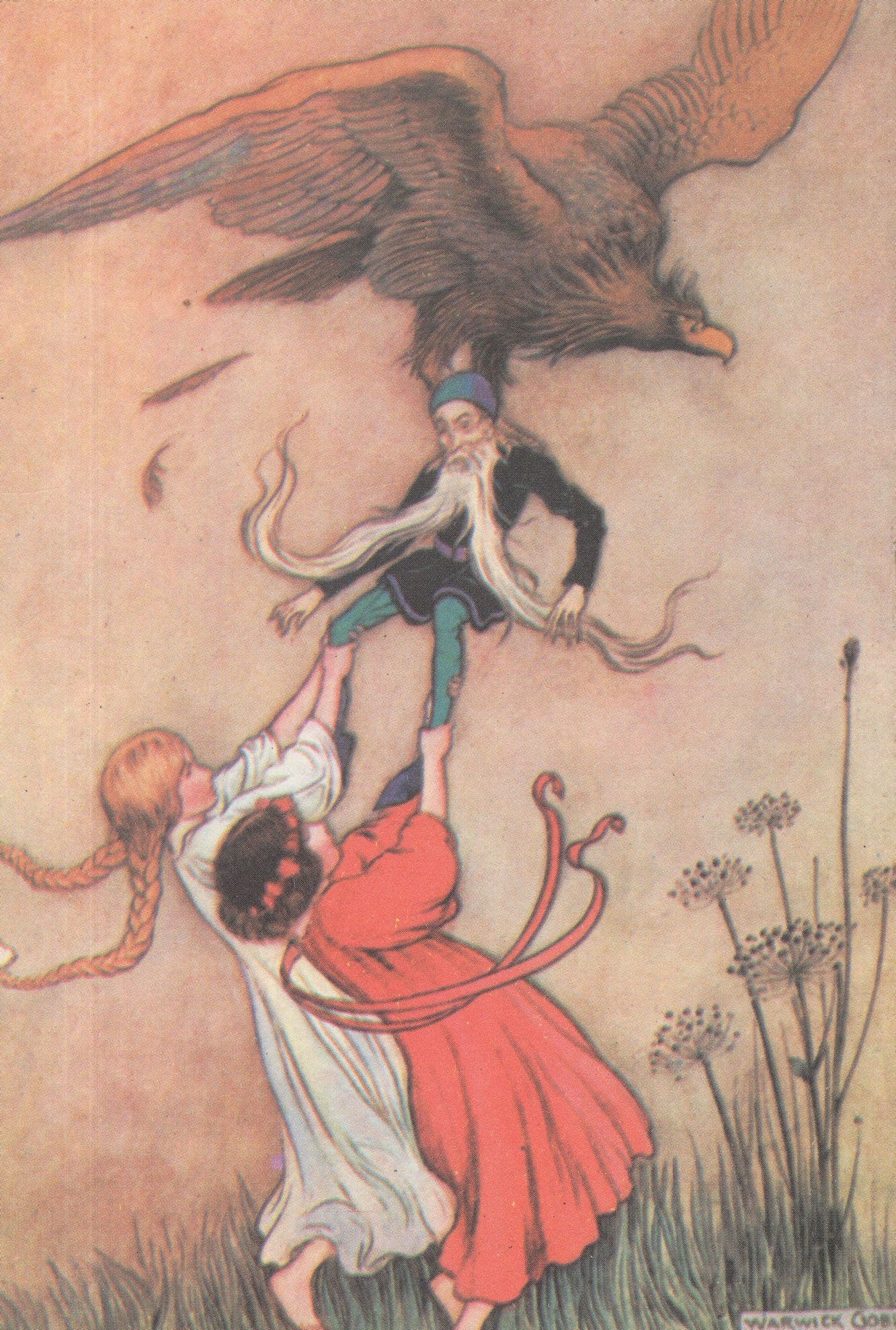 Warwick Goble Fantasy Bird Captures Giant Beard Man Postcard