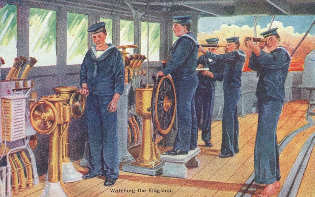 Watching The Flag Ship Antique WW1 Sailors Military Ship Postcard