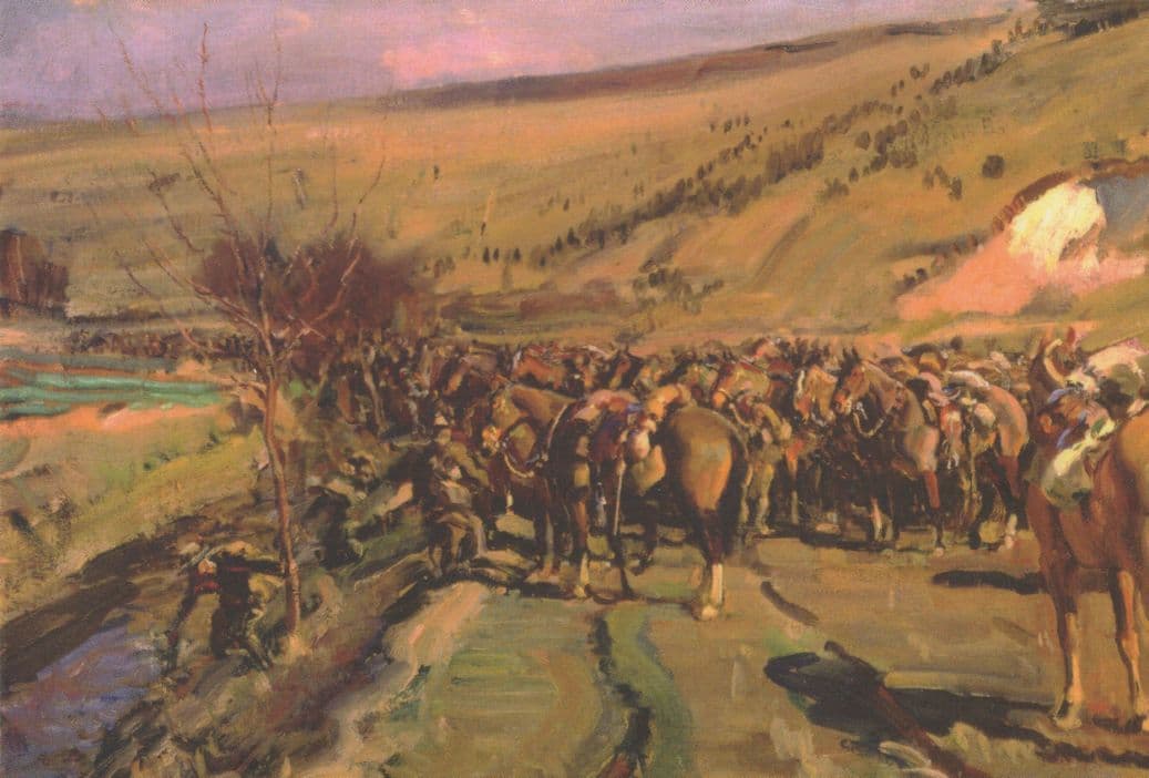 Watering on The March Alfred Munnings Military Painting Postcard