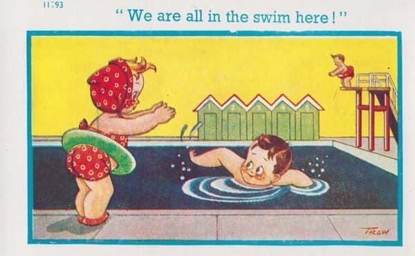 We Are All In The Swim Swimming Pool Diving Board  Romance Cute Comic Postcard