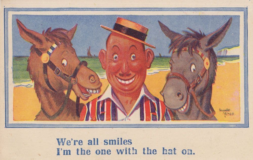We're All Smiles Donkey Rides Donald McGill Old Comic Postcard