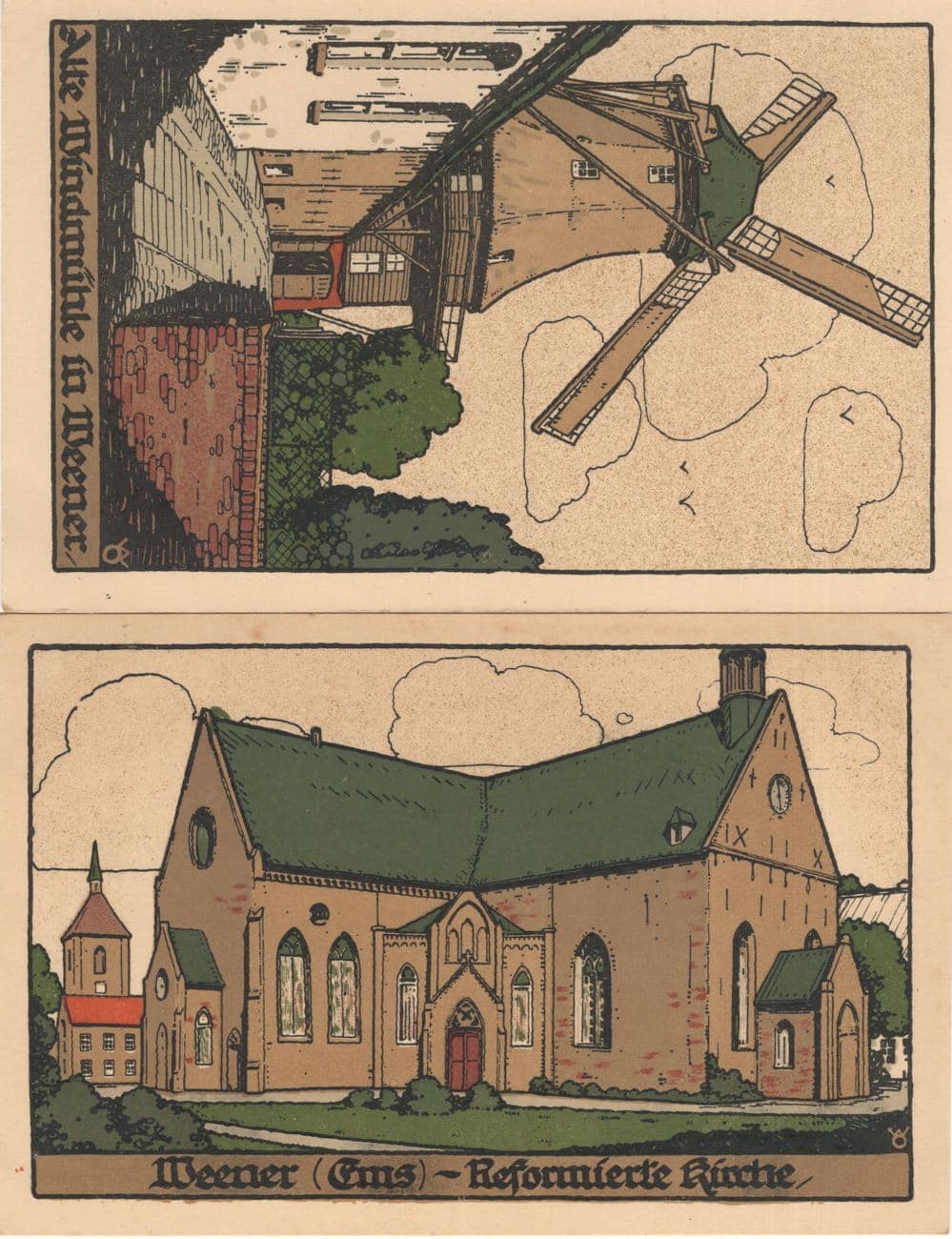 Weener Ems Reform Church Kirche Windmill 2x Antique German Artist Postcard