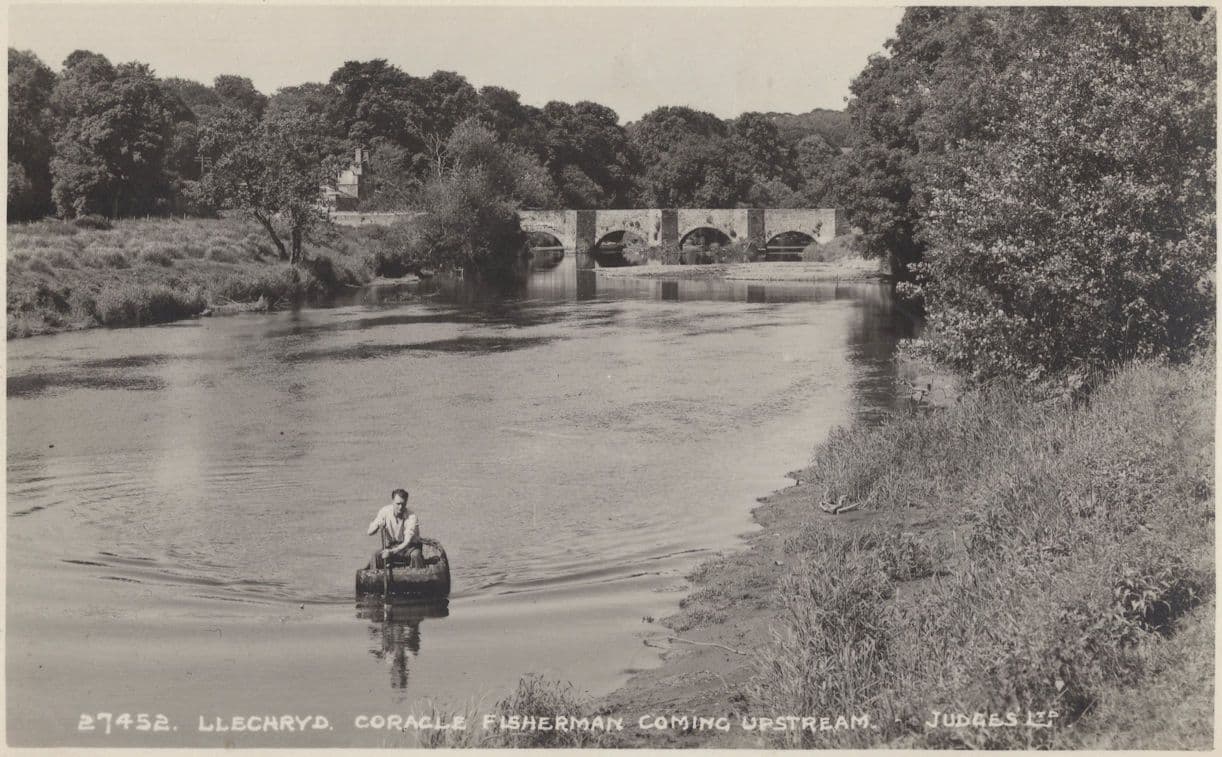 Welsh Coracle Fisherman Fishing Wales in Boat Old Postcard