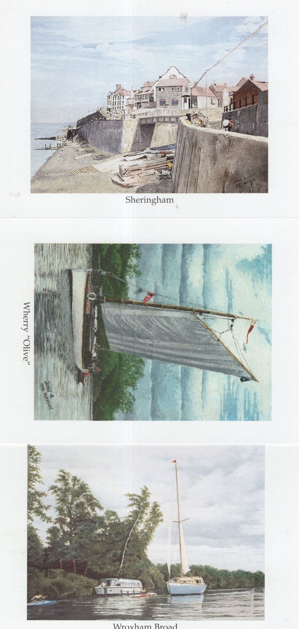 Wherry Olive Sheringham Wroxham 3x Norfolk Boat Painting Postcard s