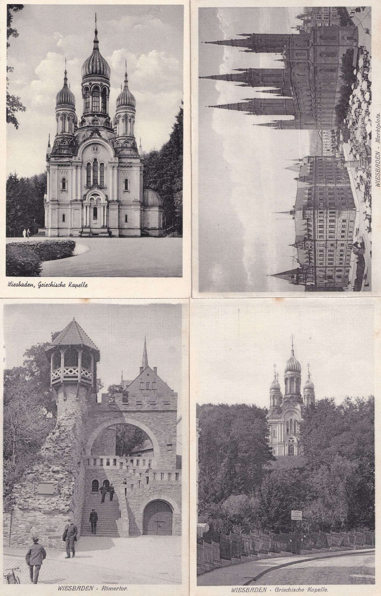 Wiesbaden Kochbrunnen Panorama Romertor Kapelle EIGHT 8x German Postcard s