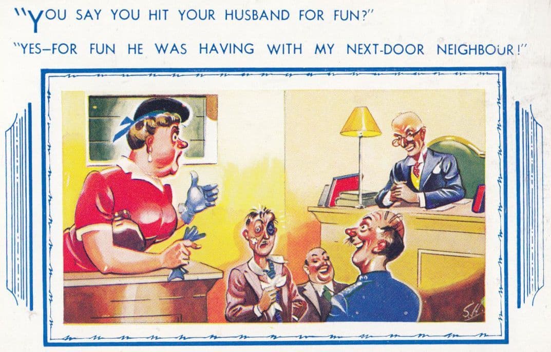 Wife Husband Batterer Domestic Violence Vintage Comic Humour Court Postcard