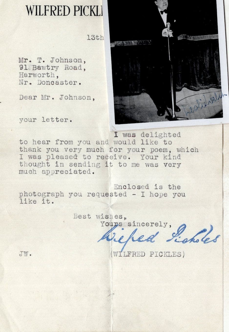 Wilfred Pickles Hand Signed Photo & Headed Paper Letter