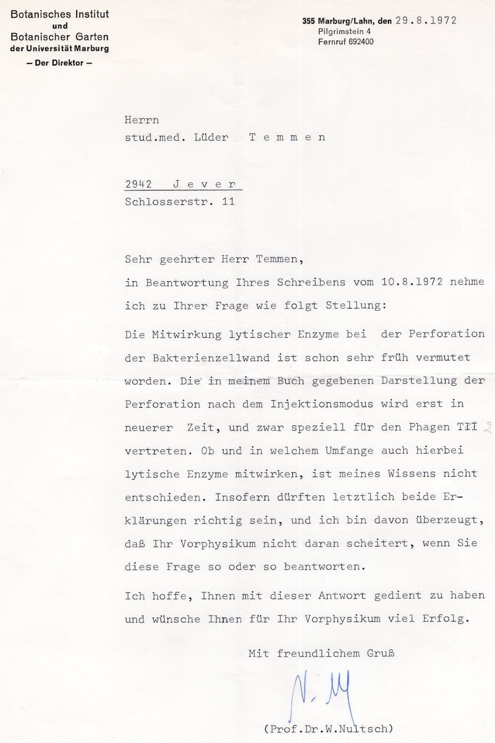 Wilhelm Nultsch German Botanist 1972 Hand Signed Letter