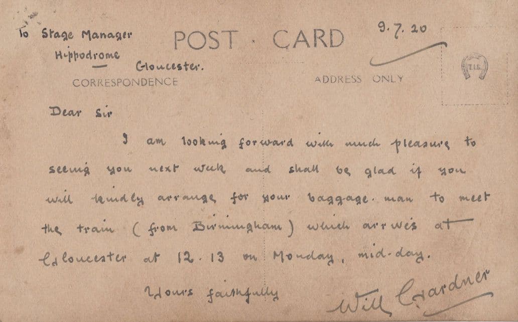 Will Gardner 1920s Entertainer Hand Signed Gloucester Hippodrome Postcard