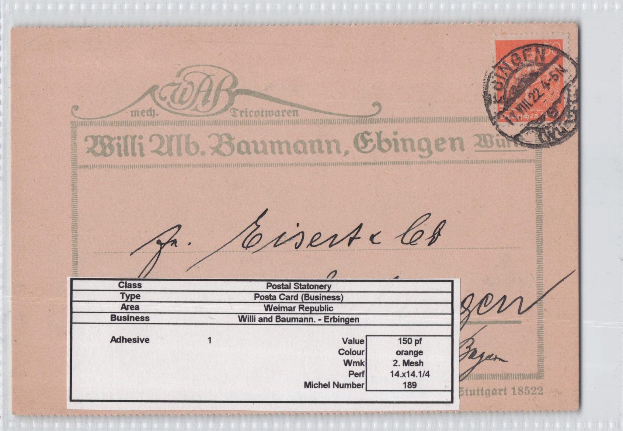 Willi & Baumann Erbingen German Old Stationary 1922 Postcard
