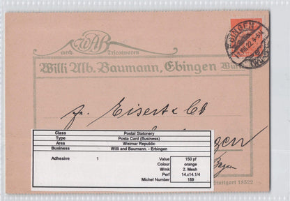 Willi & Baumann Erbingen German Old Stationary 1922 Postcard