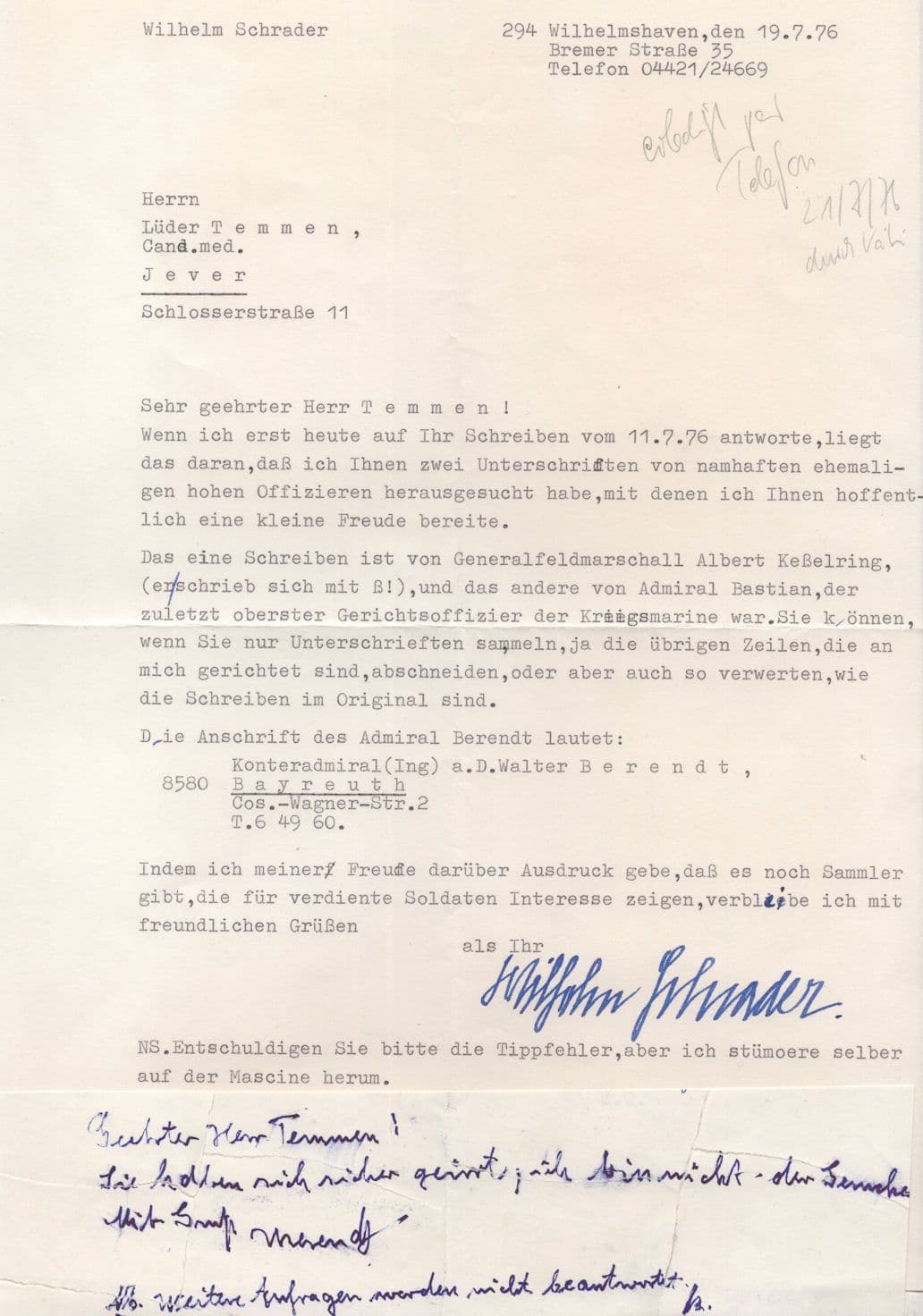 William Schrader German Lieutenant Colonel Military Letter 2x Autograph