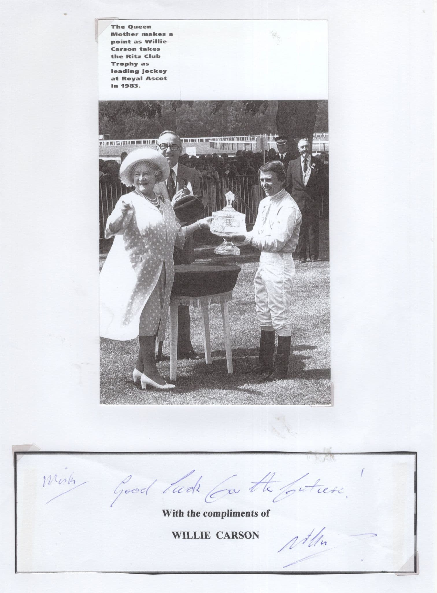 Willie Carson Hand Signed Autograph & Queen Mother Card