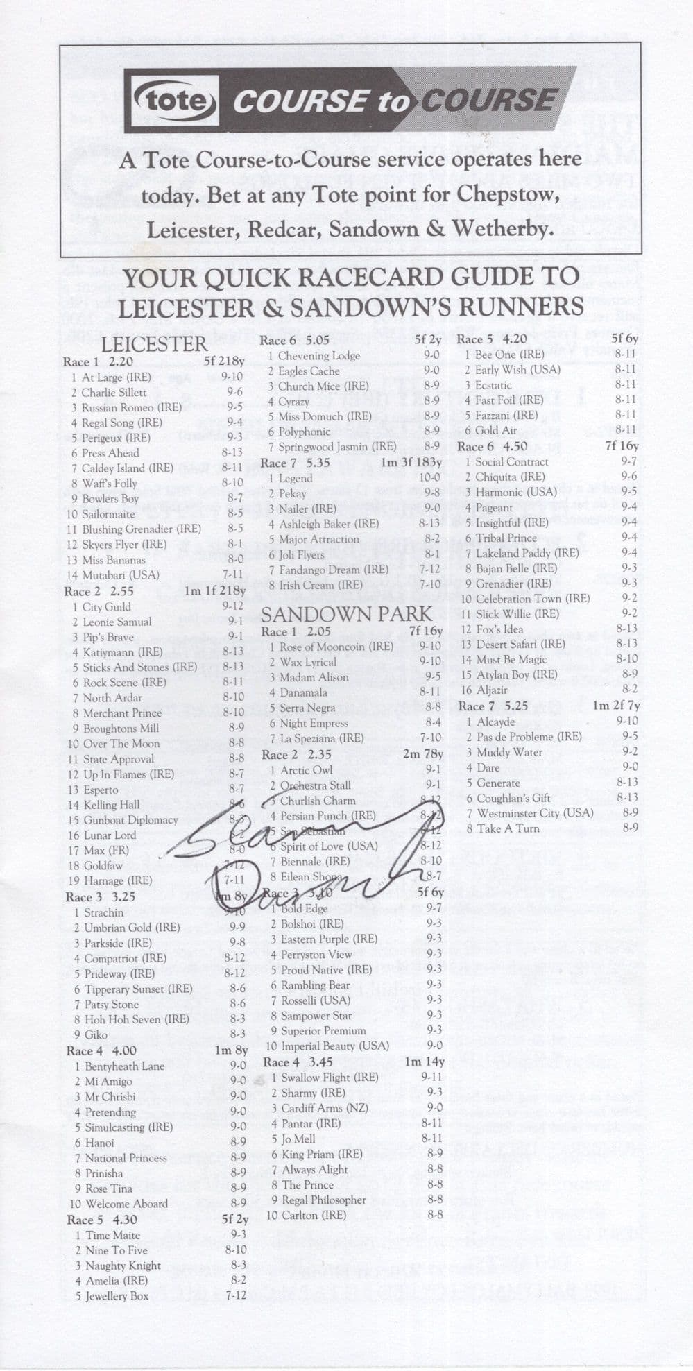 Willie Ryan Nottingham 1996 Horse Racing Hand Signed Programme