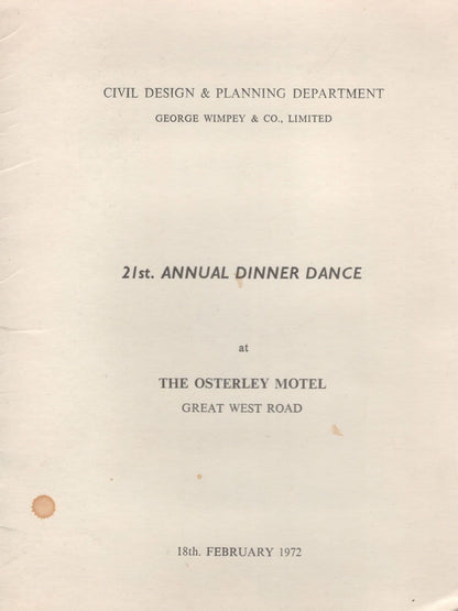Wimpey Construction Dr Who Private 1972 Dinner Menu Osterley Motel