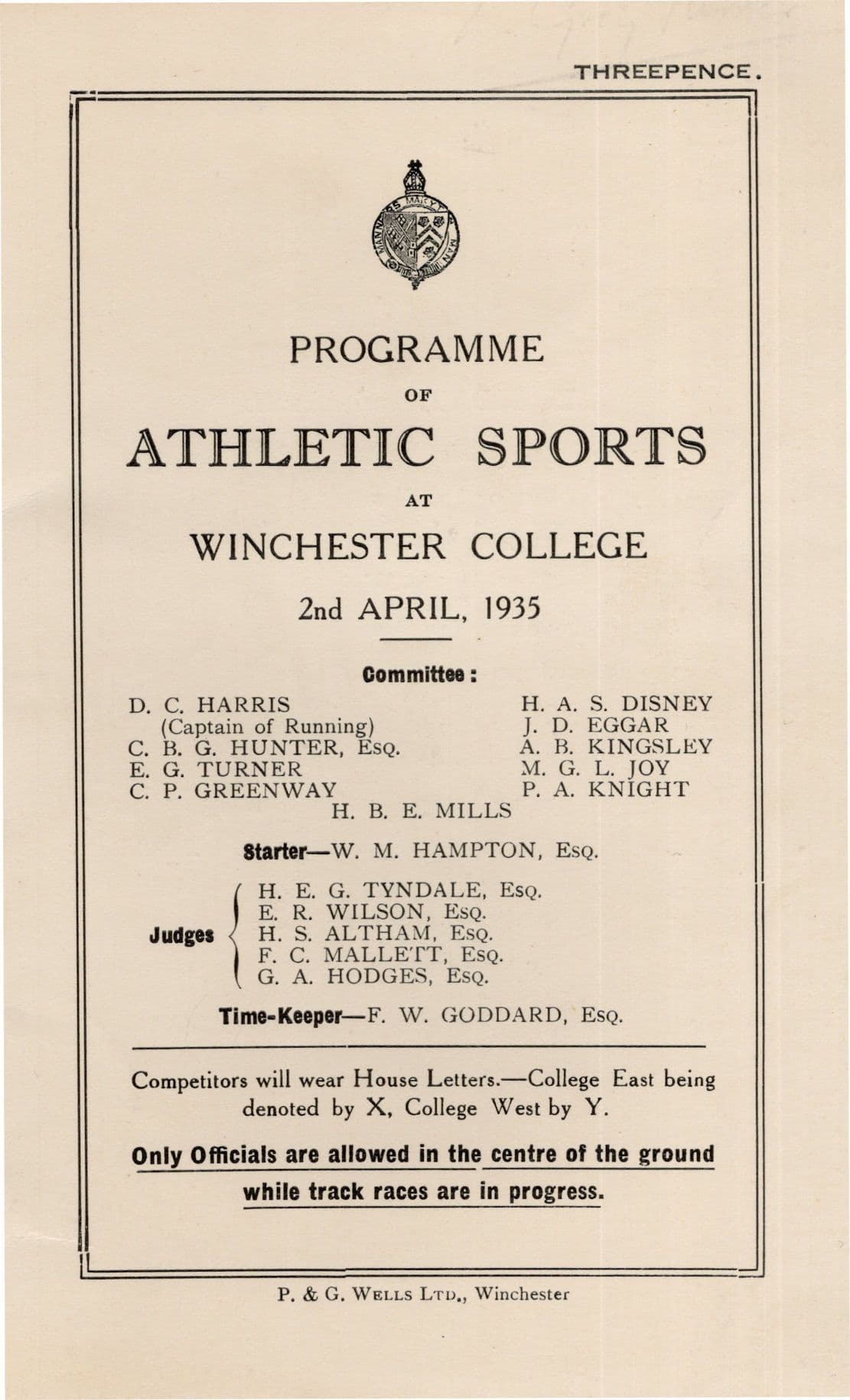 Winchester College 1935 Sports Day Servants & Quiristers Race Programme