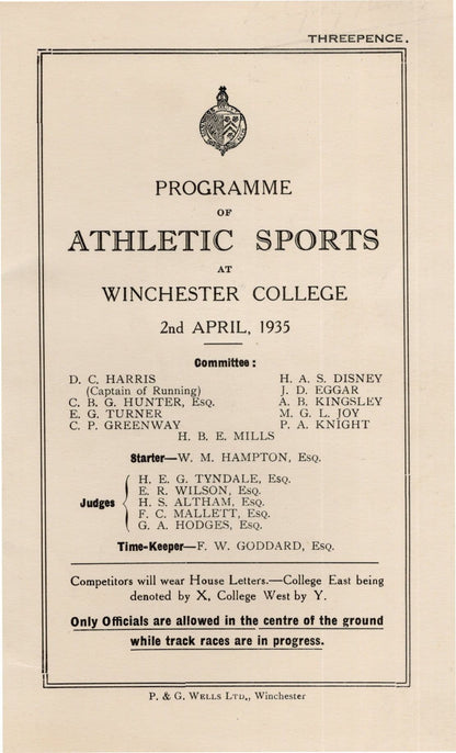 Winchester College 1935 Sports Day Servants & Quiristers Race Programme