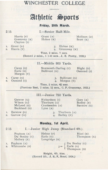 Winchester College 1935 Sports Day Servants & Quiristers Race Programme