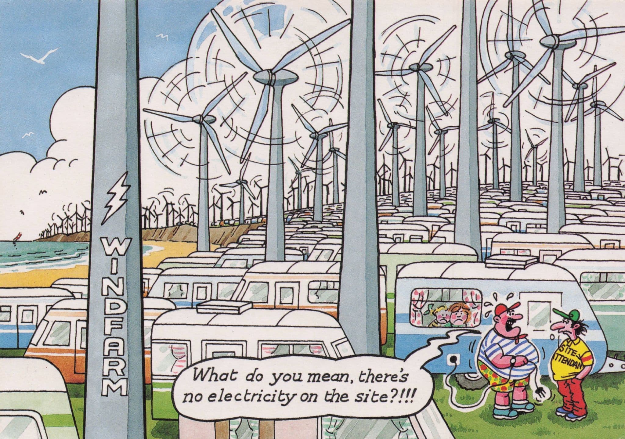Windfarm Wind Electricity Generator Field Car Park Comic Postcard
