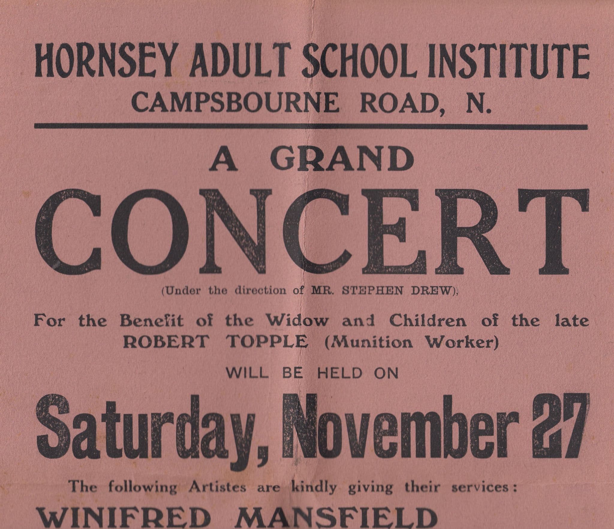 Winifred Mansfield Comedy Ventriloquist WW1 1900s Hornsey Theatre Programme Show Poster