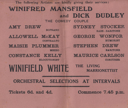 Winifred Mansfield Comedy Ventriloquist WW1 1900s Hornsey Theatre Programme Show Poster