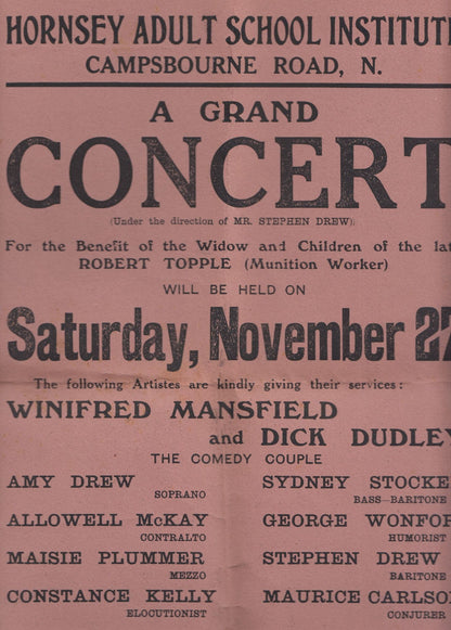 Winifred Mansfield Comedy Ventriloquist WW1 1900s Hornsey Theatre Programme Show Poster
