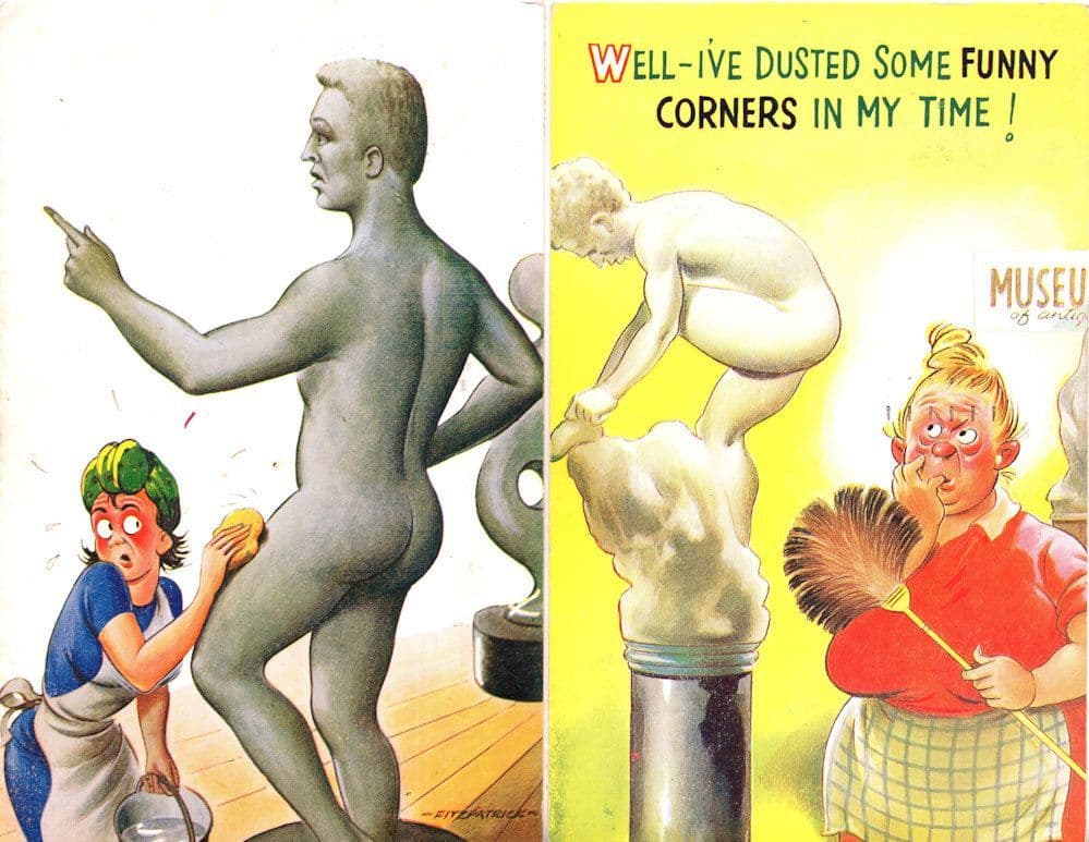 Woman Handing Statues Penis Genitals Comic 1970s 2x Postcard