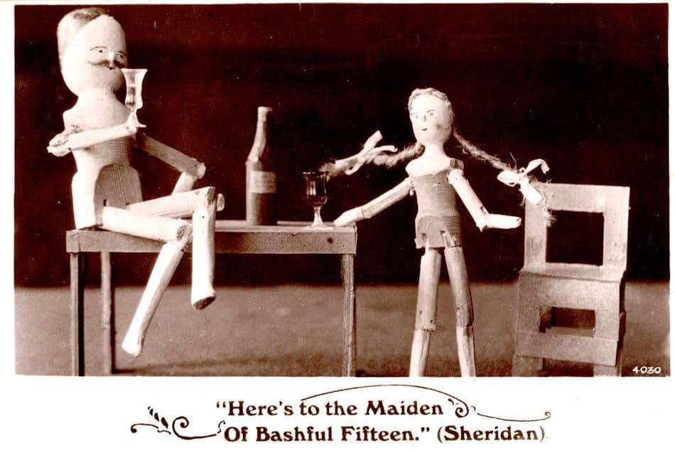 Wooden Puppets Marionette Drinking Wine Old Sheridan Poetry Real Photo Postcard