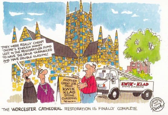 Worcester Cathedral Rebuild Builder Reconstruction Comic Humour Postcard