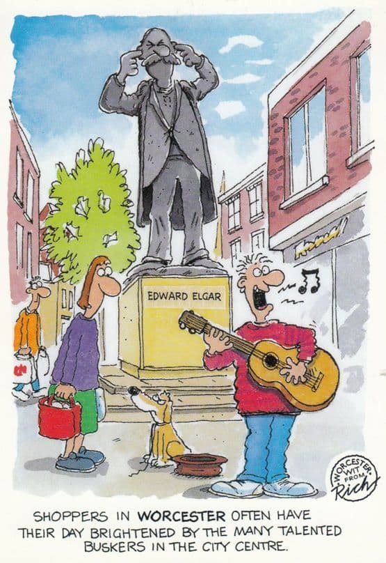 Worcester Guitar Busker Busking Playing Elgar Music Comic Humour Postcard