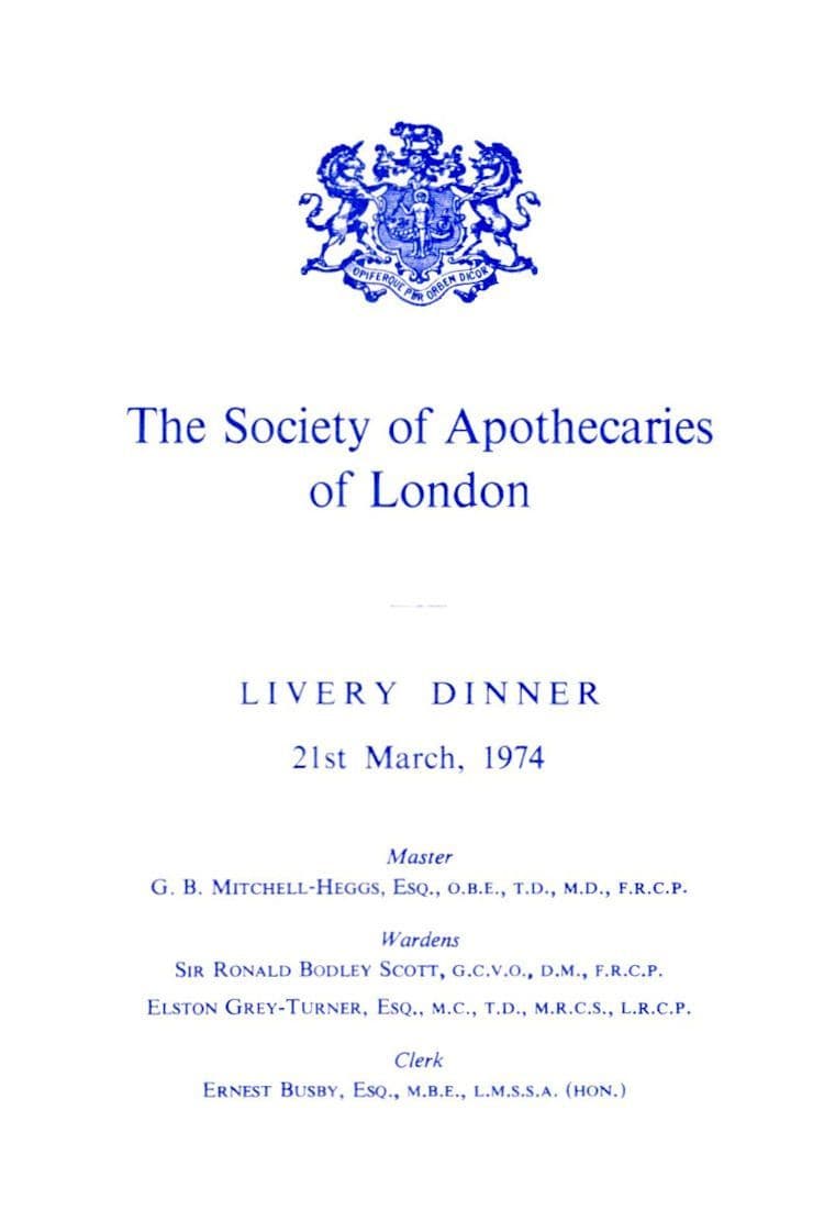 Worshipful Society of Apothecaries Vintage 1974 Livery London Dinner Menu
