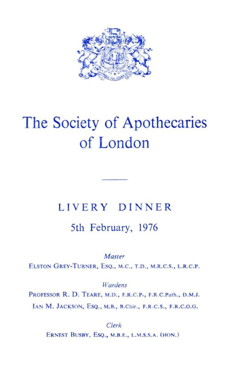 Worshipful Society of Apothecaries Vintage 1976 London Livery Dinner Menu