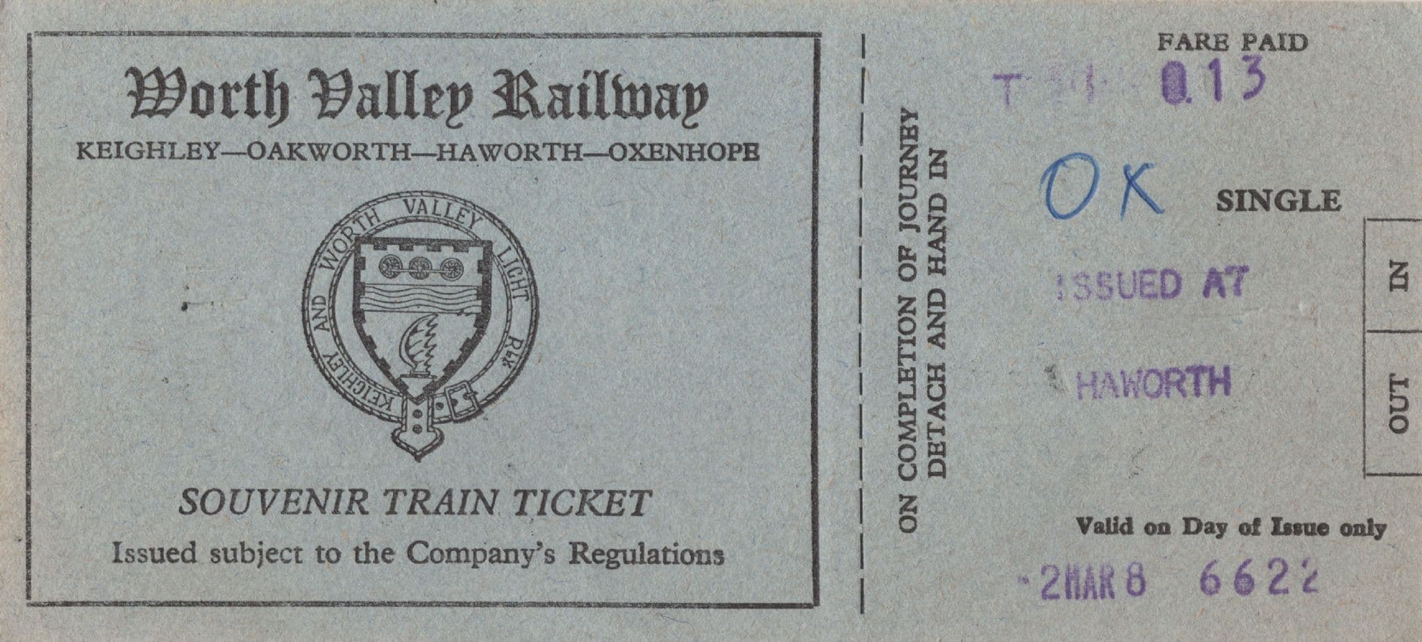 Worth Valley Railway Vintage Haworth Train Ticket