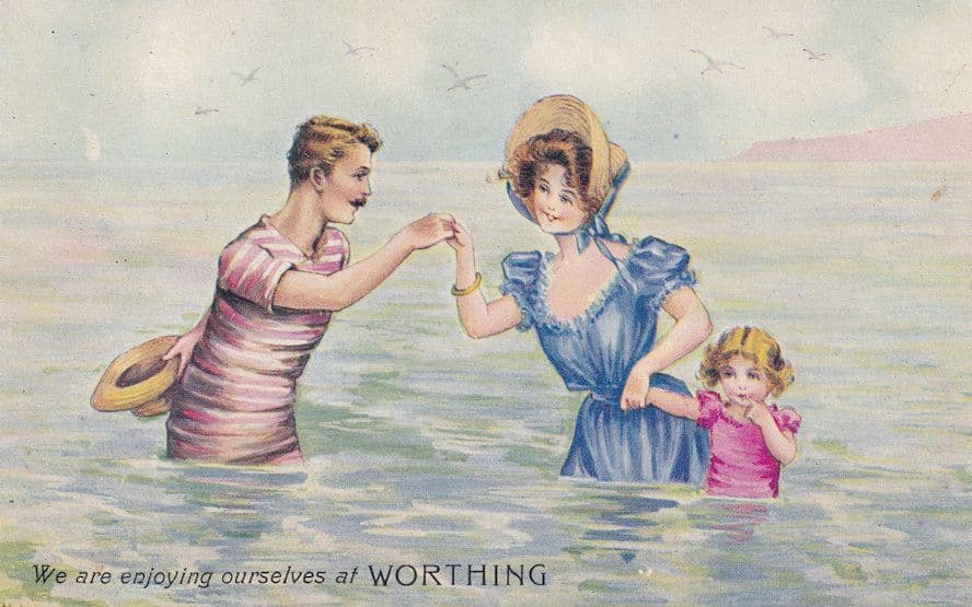 Worthing Sussex Antique Swimming In Posh Clothes Old Comic Greetings Postcard