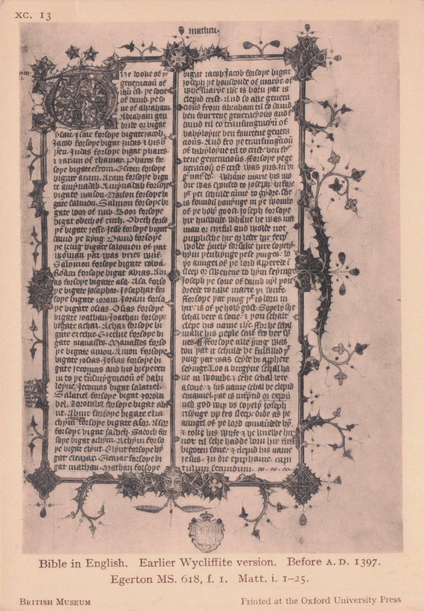 Wycliffe English Translation Antique 1300s Matthew Bible Old Postcard