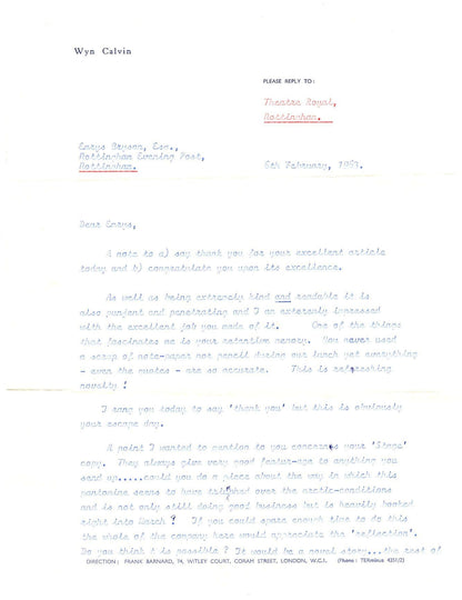Wyn Calvin Welsh Comedian 1963 Newspaper Signed Letter