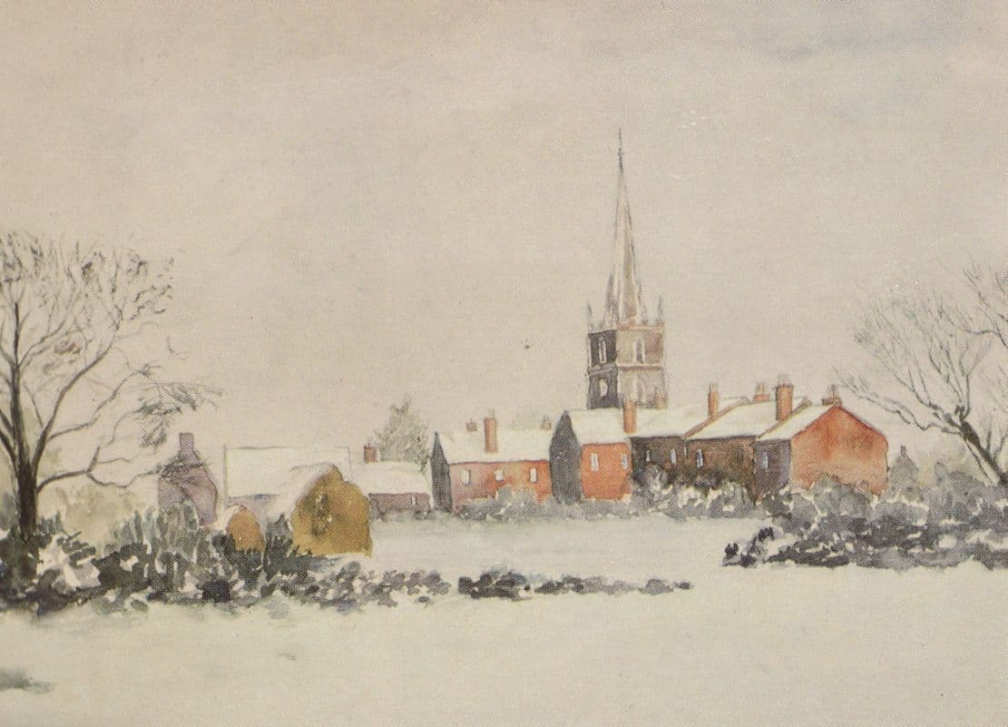 Yardley Church & Cottages Under Snow Winter Painting Postcard