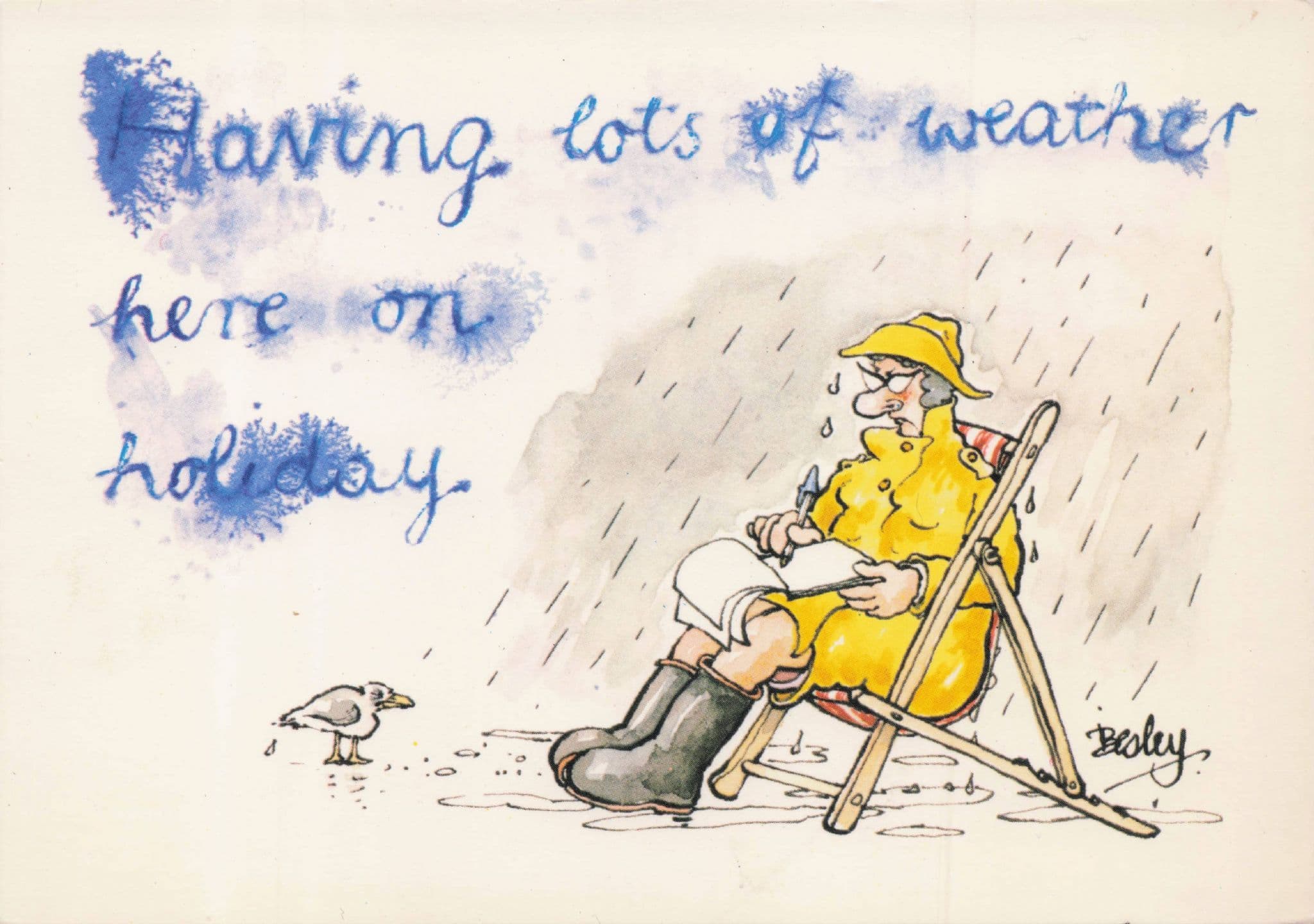 Yellow Raincoat Disaster Rain Weather Pen Ink Comic Postcard